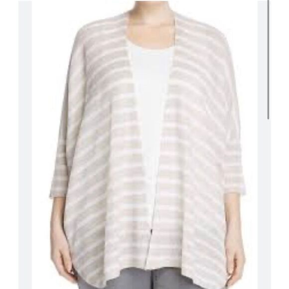 Eileen Fisher Womens Open Front Striped Knitted Tan White Long Sleeve Sweater OS - Picture 1 of 10